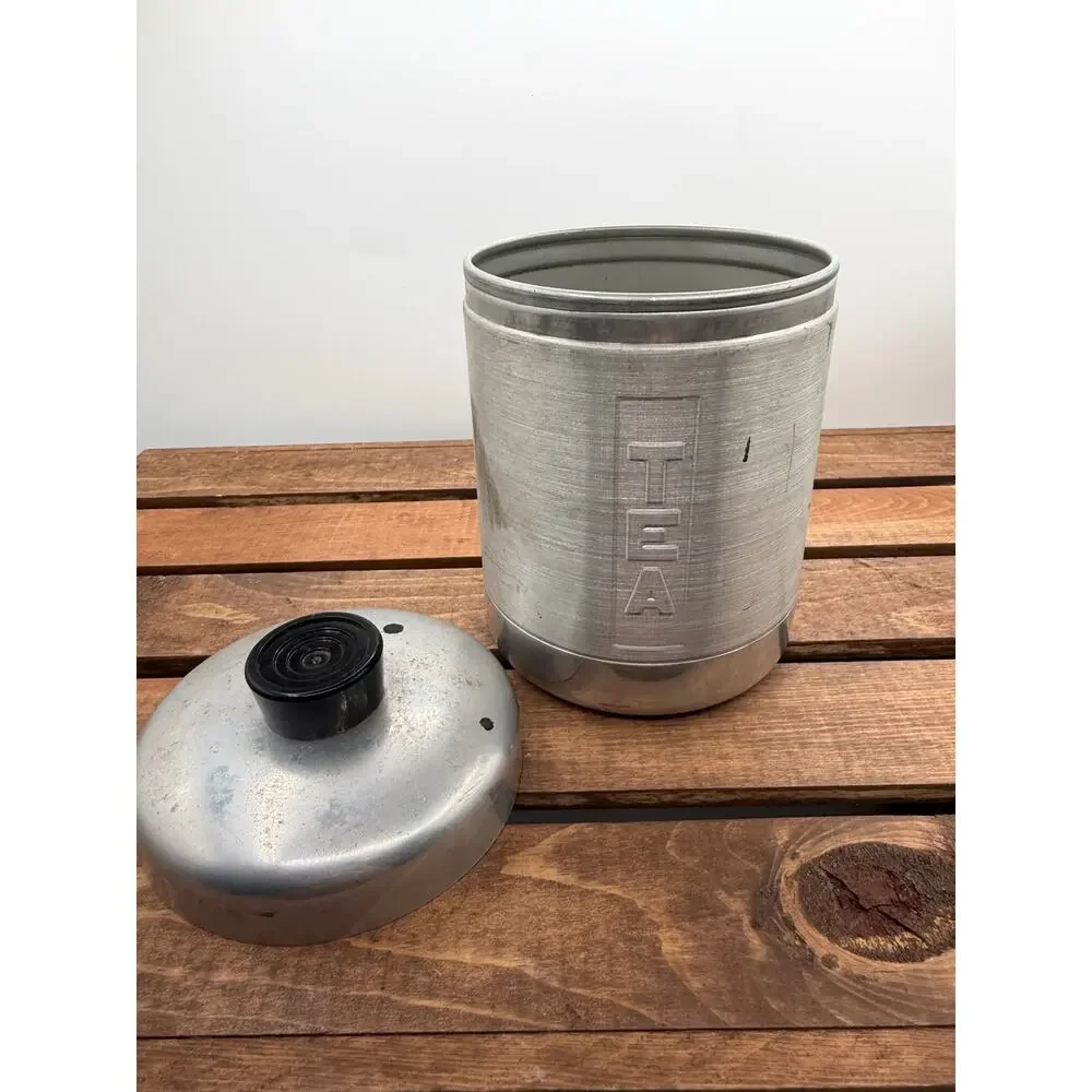 Vintage MCM Spun Aluminum Kitchen Canister Set-Sugar Coffee Tea-Black Lids 1950s